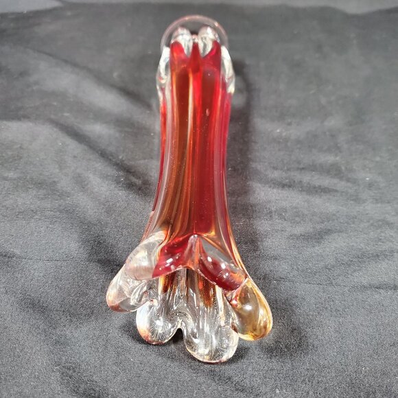 Vintage Amberina Red Orange Art Glass Bud Vase | Mid Century Hand Blown Ruffled - Picture 13 of 13